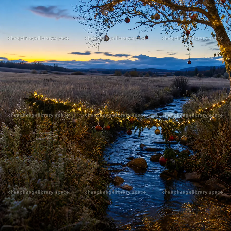 Christmas ornaments above stream in meadow at dusk – image library 7938x7938