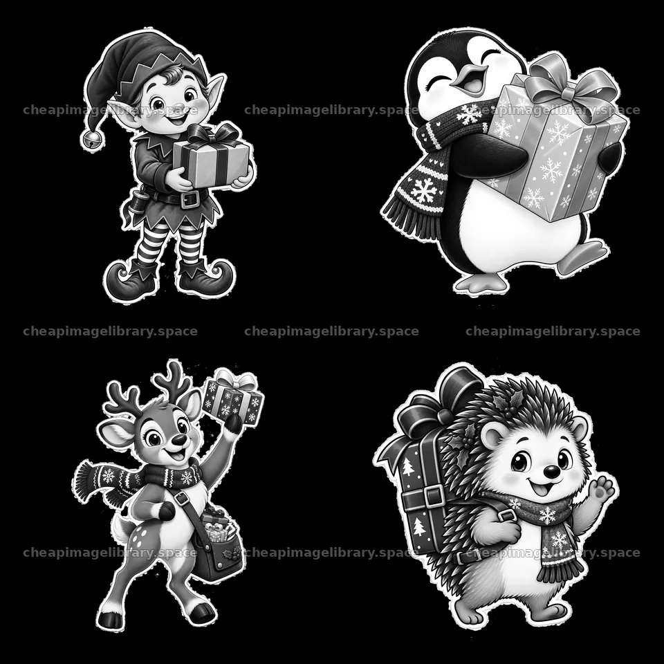 Cartoon characters holding Christmas presents in black and white – image library 7746x7746