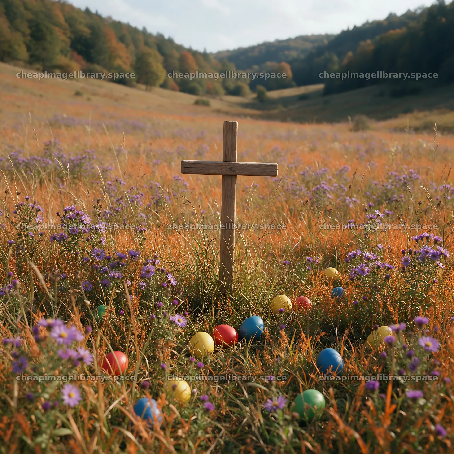 Aged Christian cross in a valley meadow during autumn – image library 7938x7938