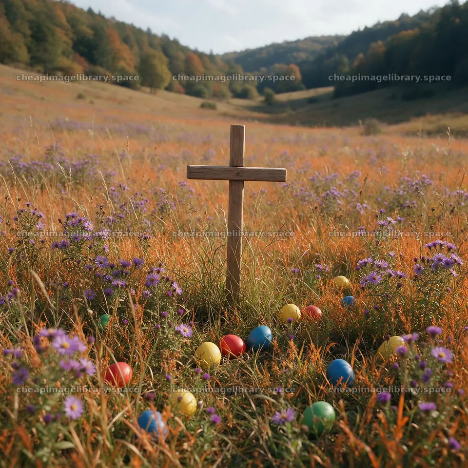 Aged Christian cross in a valley meadow during autumn – image library 7938x7938