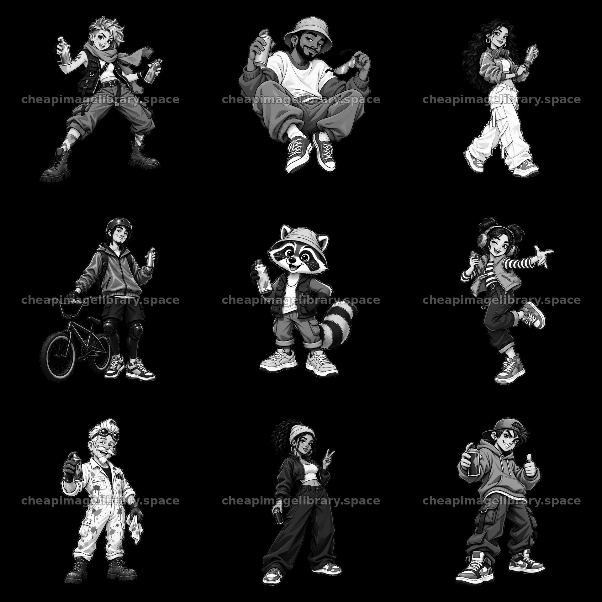 Cool graffiti sprayers in a 3x3 comic-style arrangement – image library 7746x7746