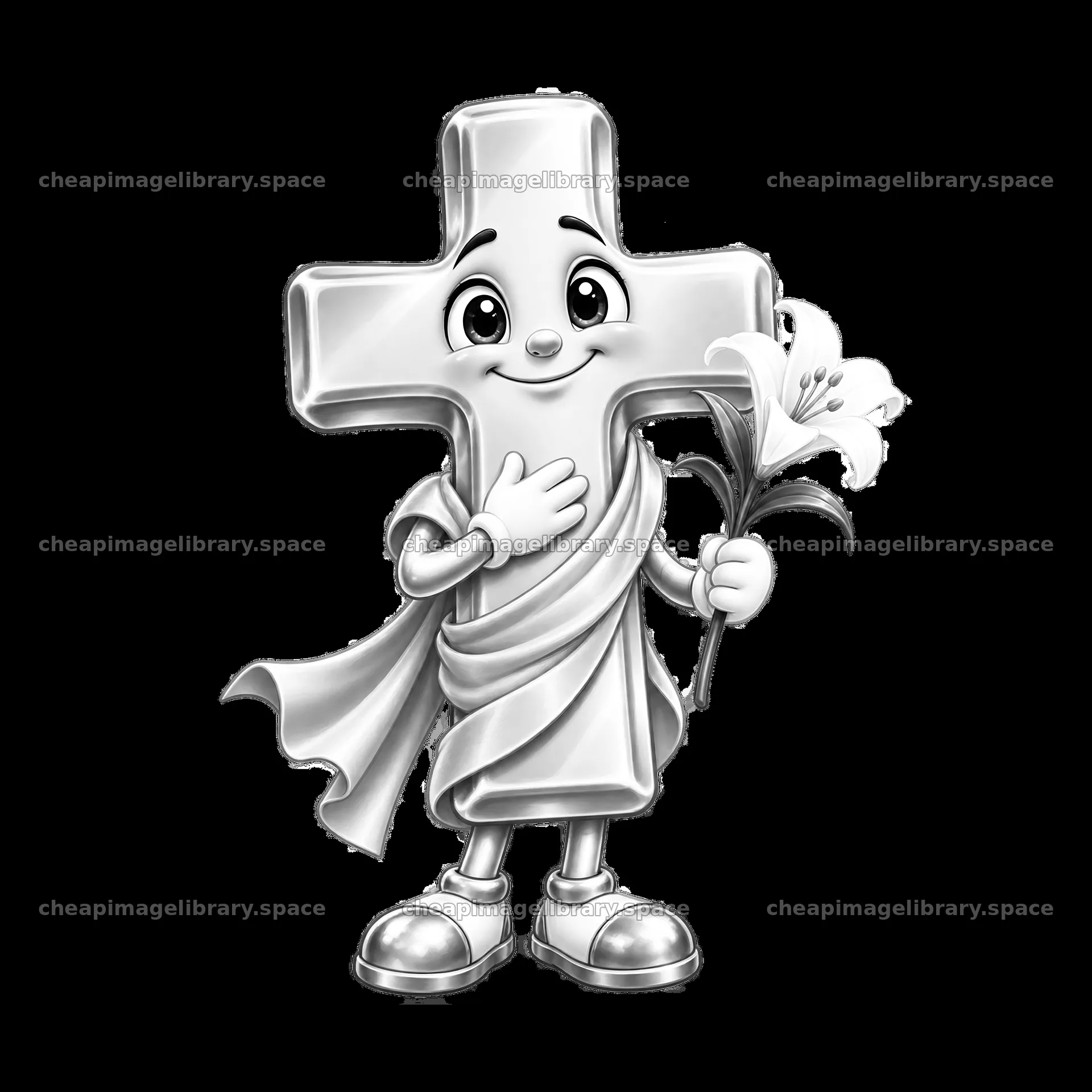 Cross character holding a flower with a friendly expression – image library 7746x7746