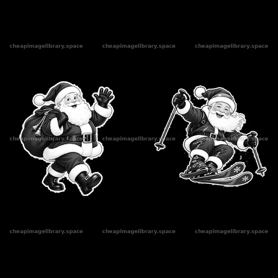 Santa Claus walking and skiing cartoon sticker illustration – image library 7746x7746