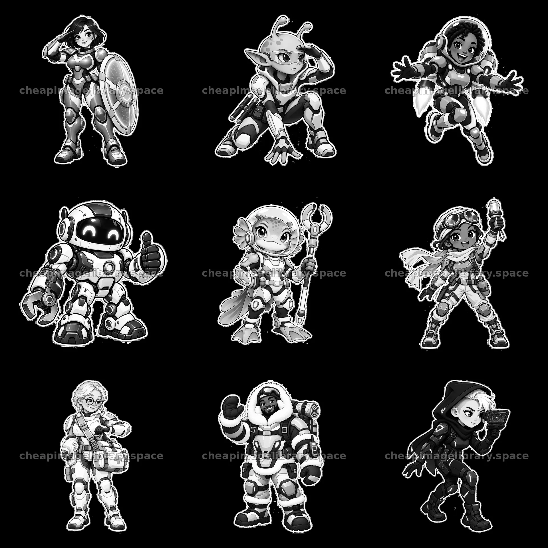 Kawaii futuristic super-soldier cartoon stickers in a 3x3 grid – image library 7746x7746