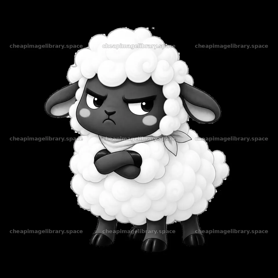 Kawaii grumpy sheep character with crossed arms in monochrome style – image library 7746x7746