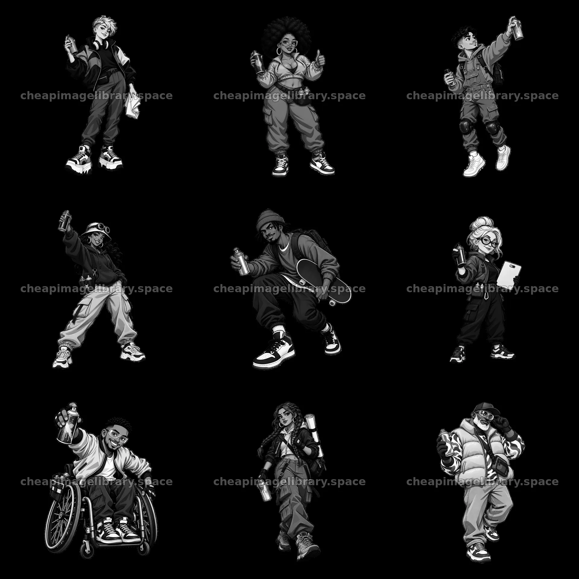 Cartoon sticker set of diverse streetwear characters in action – image library 7746x7746