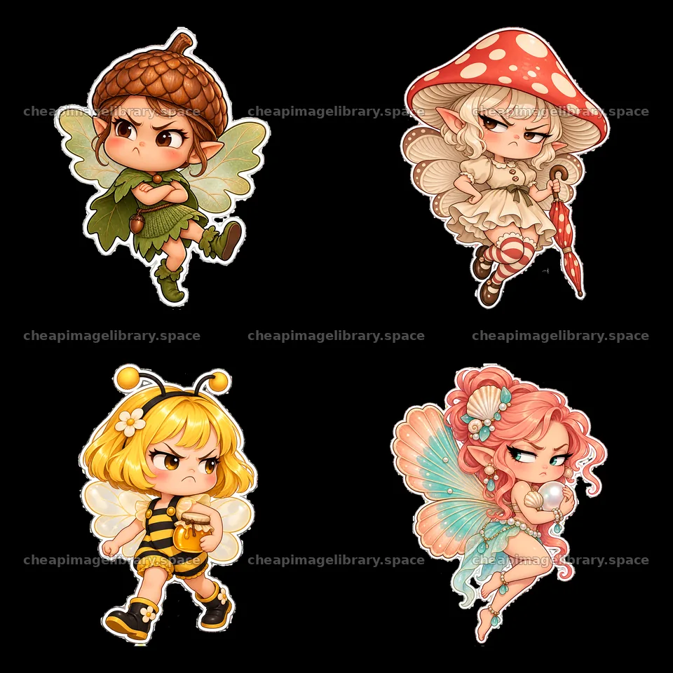 Kawaii grumpy fairy cartoon stickers in a 2x2 layout – image library 7746x7746