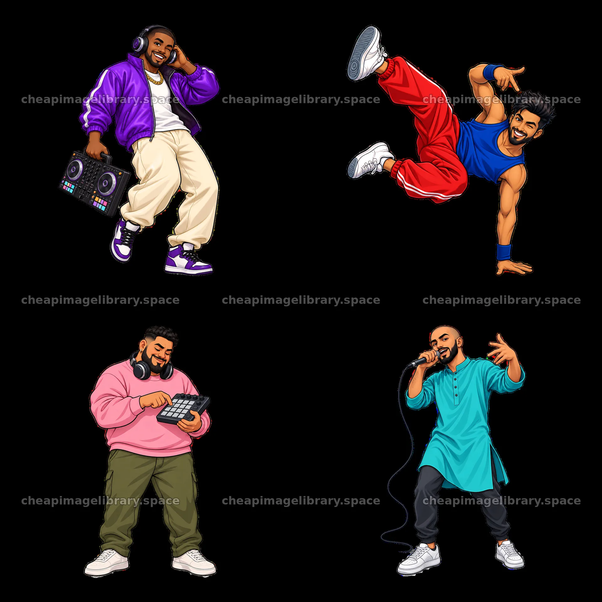 Hip-hop artists performing with music equipment in vibrant colors – image library 7746x7746