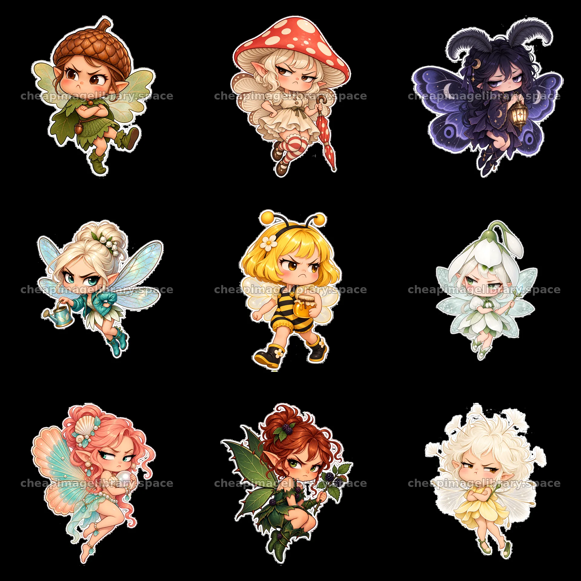 Kawaii grumpy fairy stickers in a 3x3 grid arrangement – image library 7746x7746