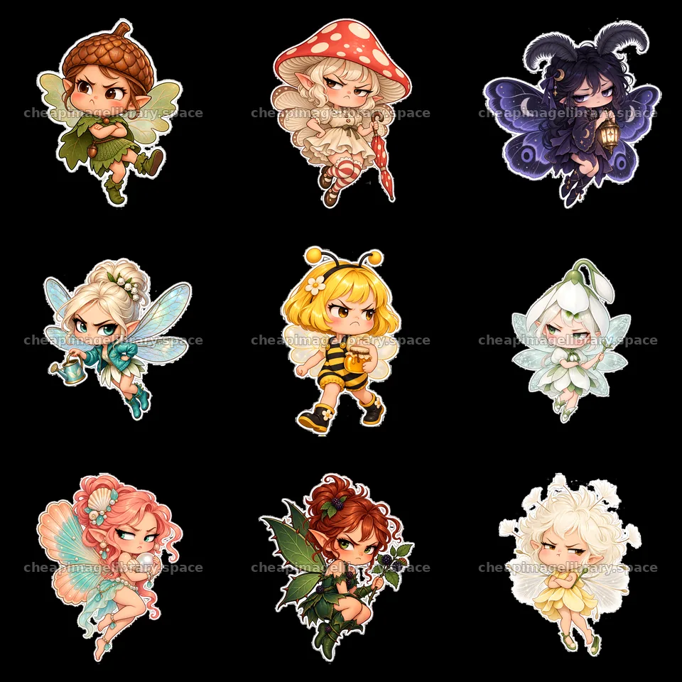 Kawaii grumpy fairy stickers in a 3x3 grid arrangement – image library 7746x7746