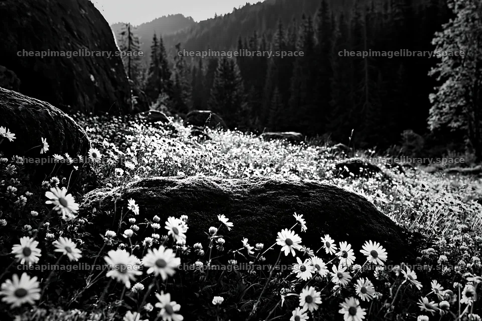 Mossy boulders and flowers in a meadow at sunset – image library 9722x6480