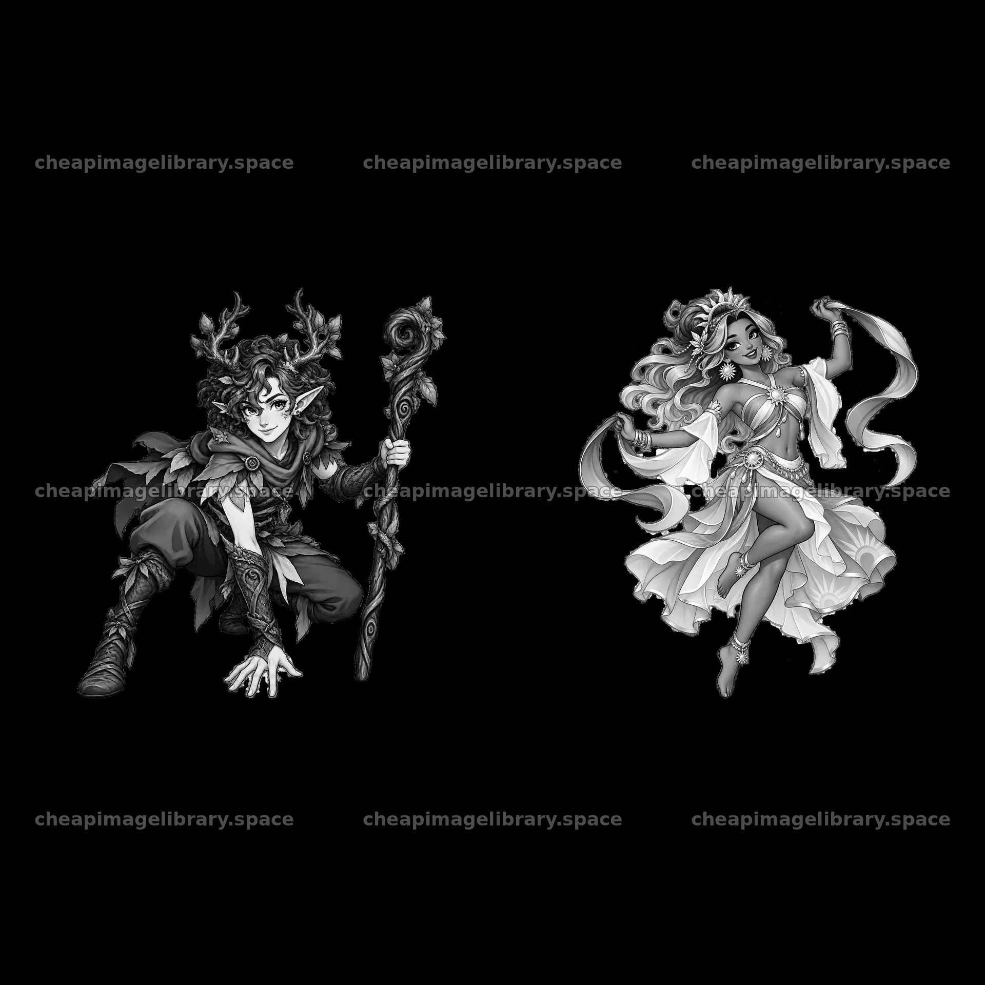 Pagan gods in monochrome style with detailed features and poses – image library 7746x7746