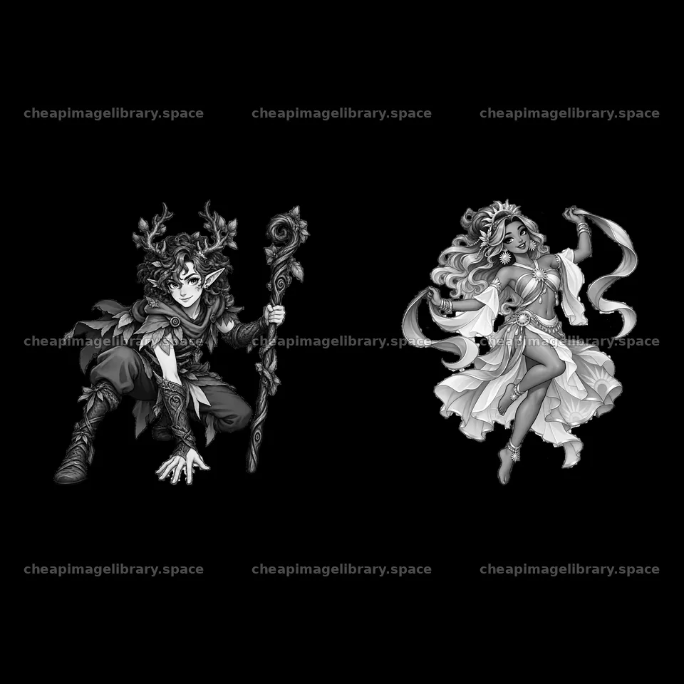 Pagan gods in monochrome style with detailed features and poses – image library 7746x7746