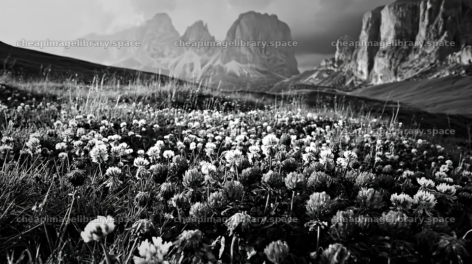 Colorful clover meadow under mountains – image library 10608x5938