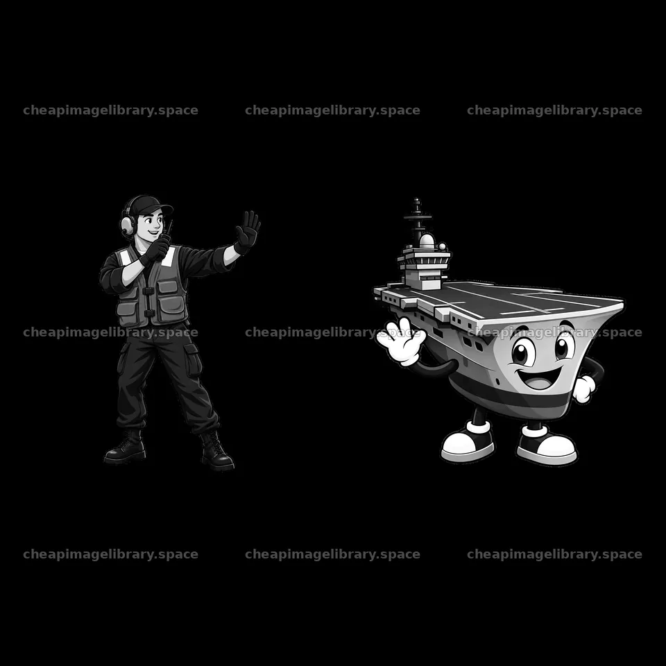 Cartoon characters of a naval officer and friendly aircraft carrier – image library 7746x7746
