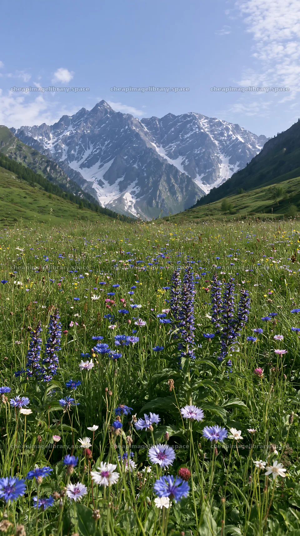 French meadow below Pyrenees mountains in daylight – image library 5938x10608