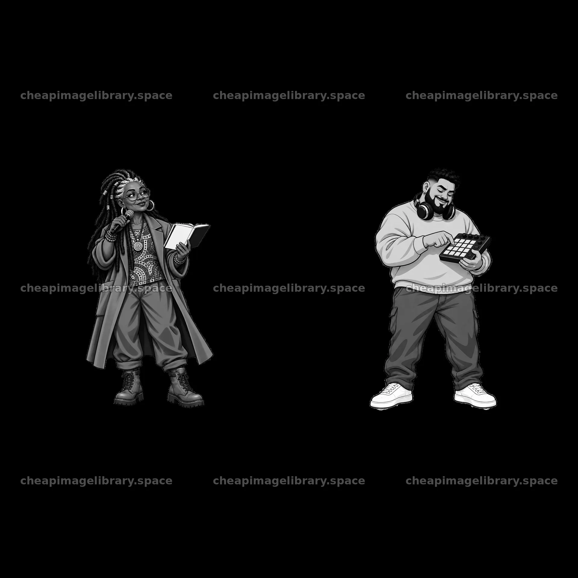 Hip-hop artists reading and producing music in monochrome style – image library 7746x7746