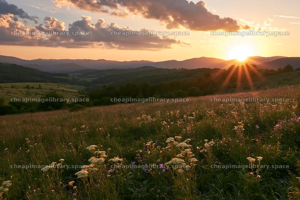 Sunset over Slovak meadow in Carpathian valley – image library 9722x6480