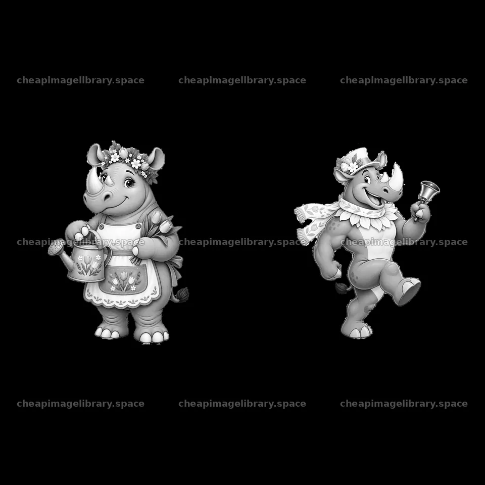 Easter rhinoceroses with watering can and bell in black and white – image library 7746x7746