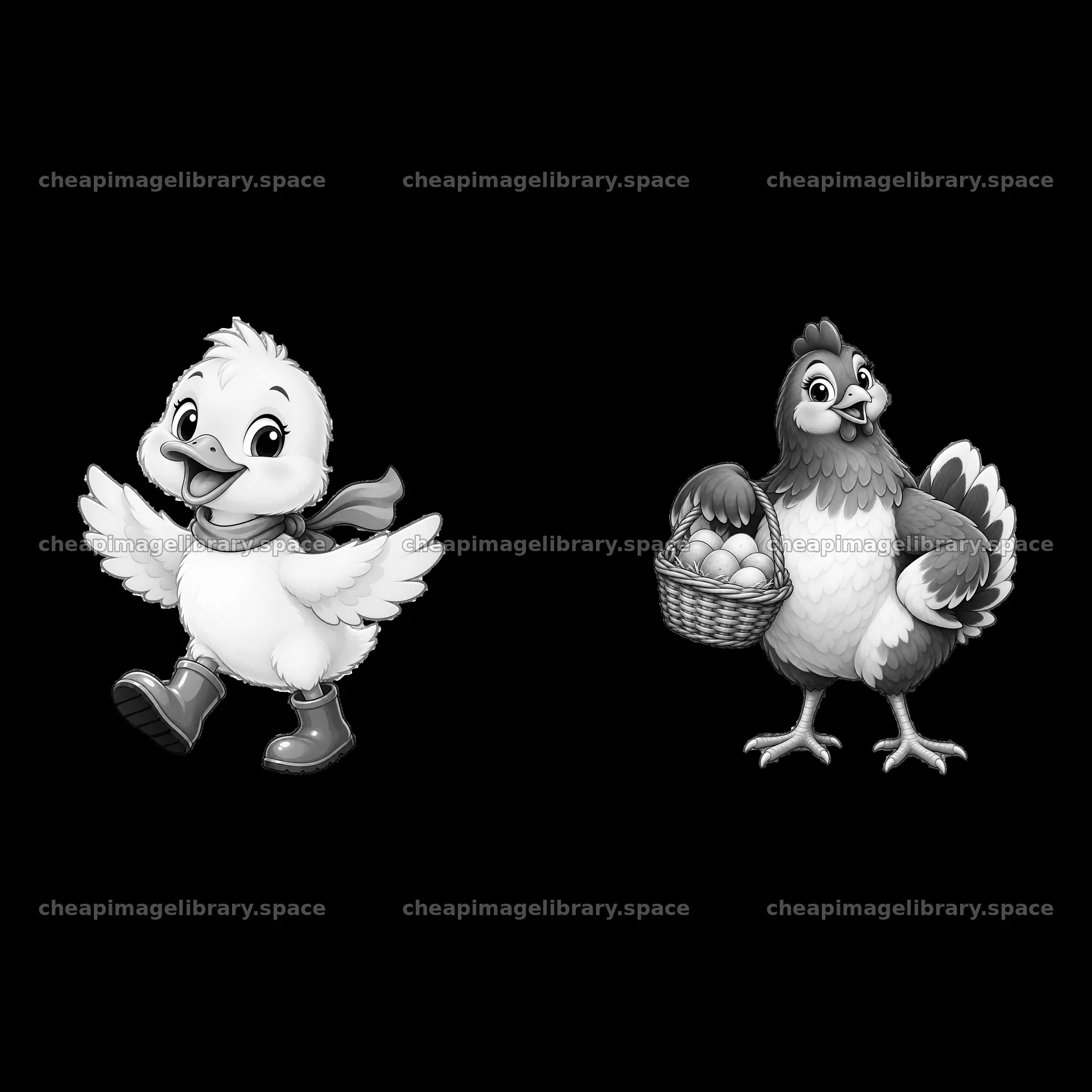 Duck and chicken characters with basket of eggs in farm setting – image library 7746x7746