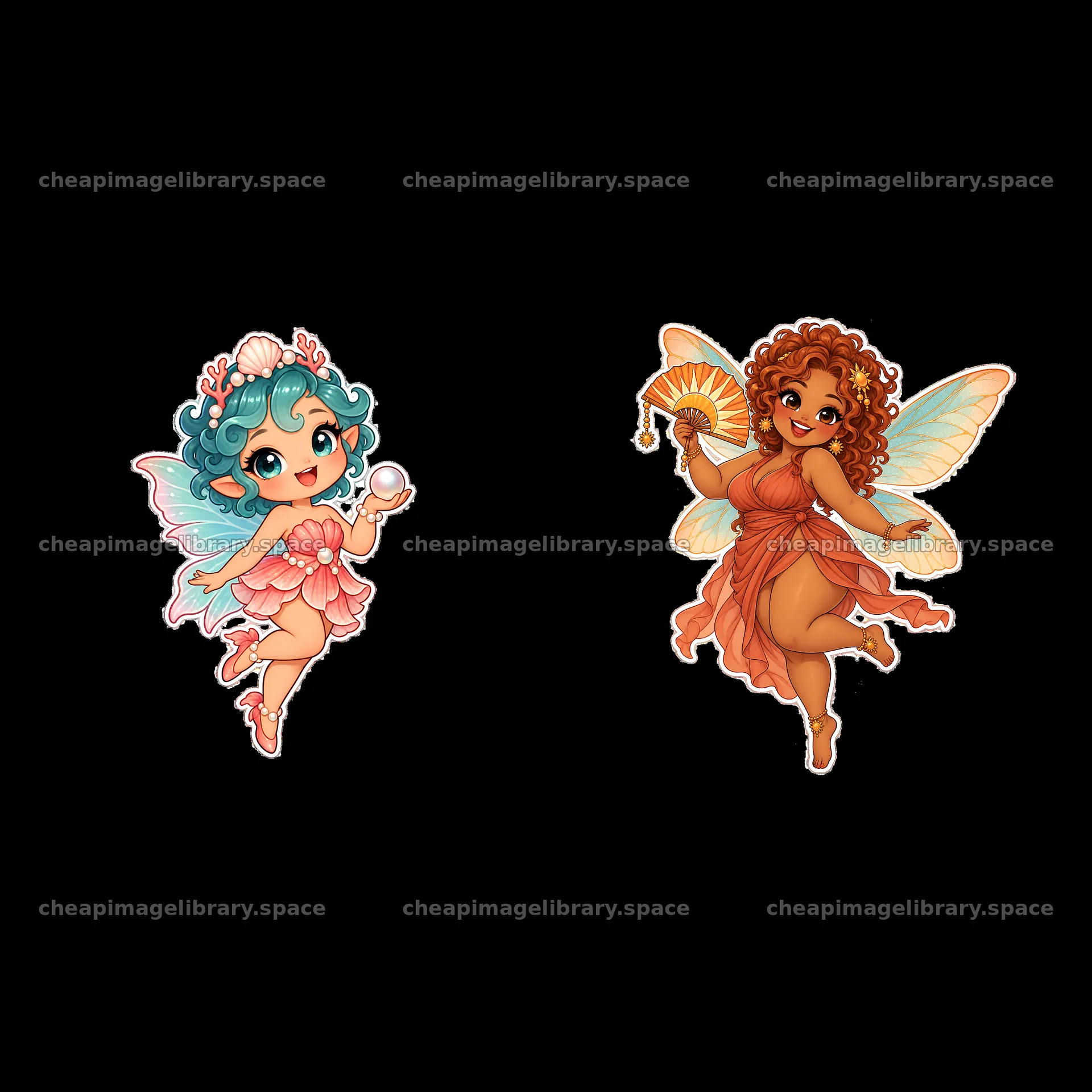 Kawaii chubby fairies with accessories in playful poses – image library 7746x7746