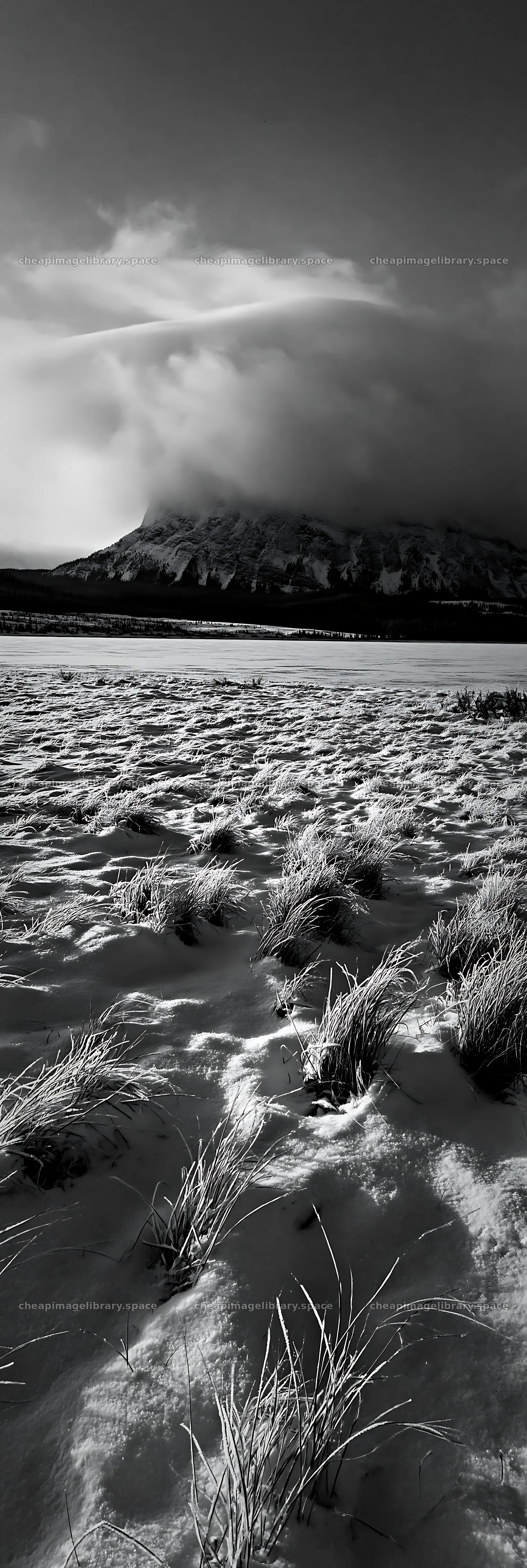 Snowy lakeside meadow with mountain and cloudy sky – image library 4602x13690