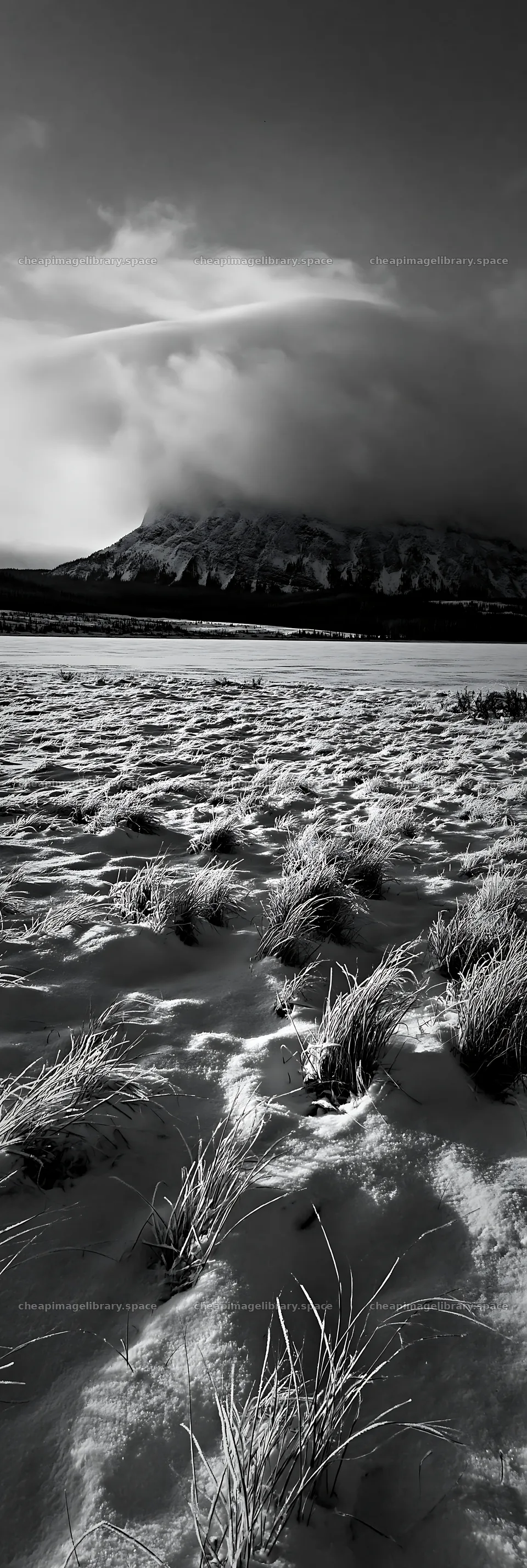 Snowy lakeside meadow with mountain and cloudy sky – image library 4602x13690