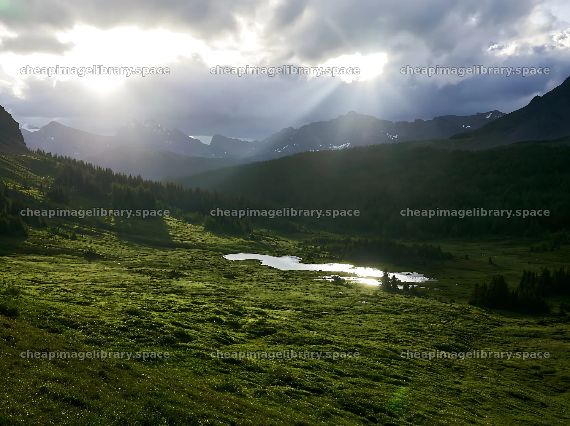 Sunshine rays over meadows in Banff National Park – image library 9174x6866