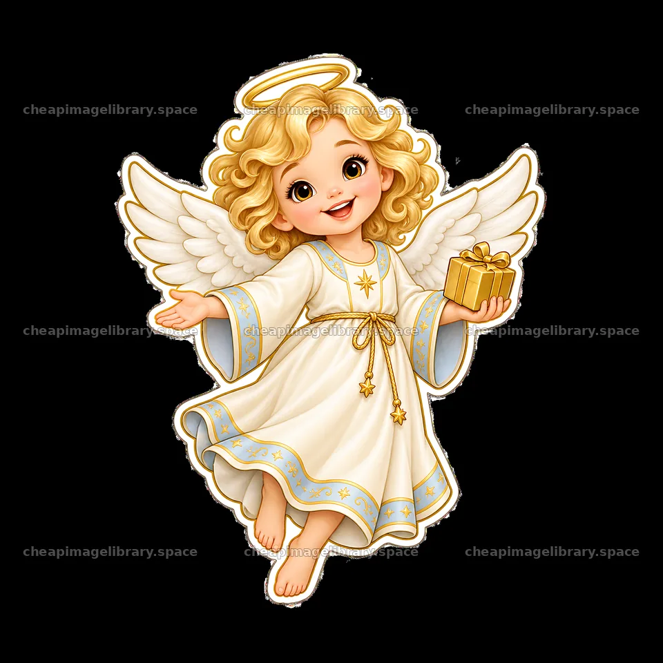 Christ Child character holding a gift in white dress with wings – image library 7746x7746