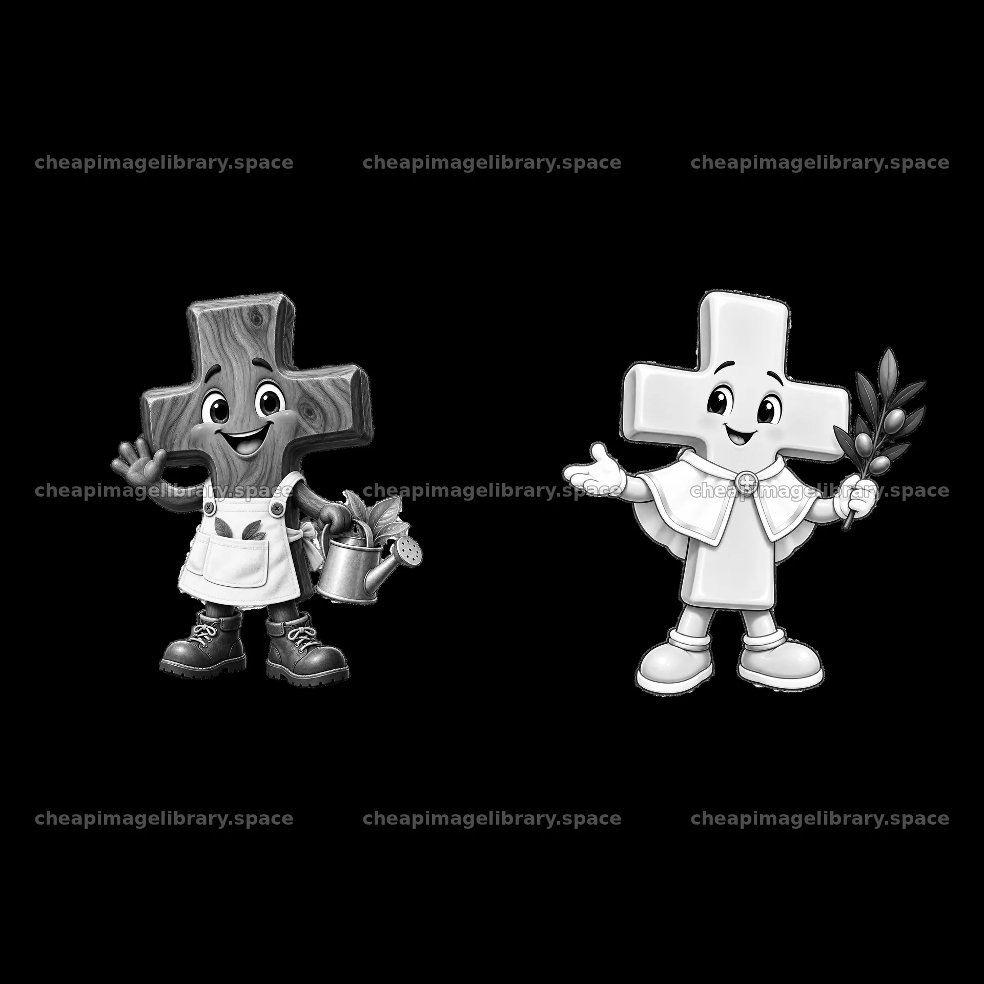 Easter crosses with watering can and olive branch in monochrome – image library 7746x7746