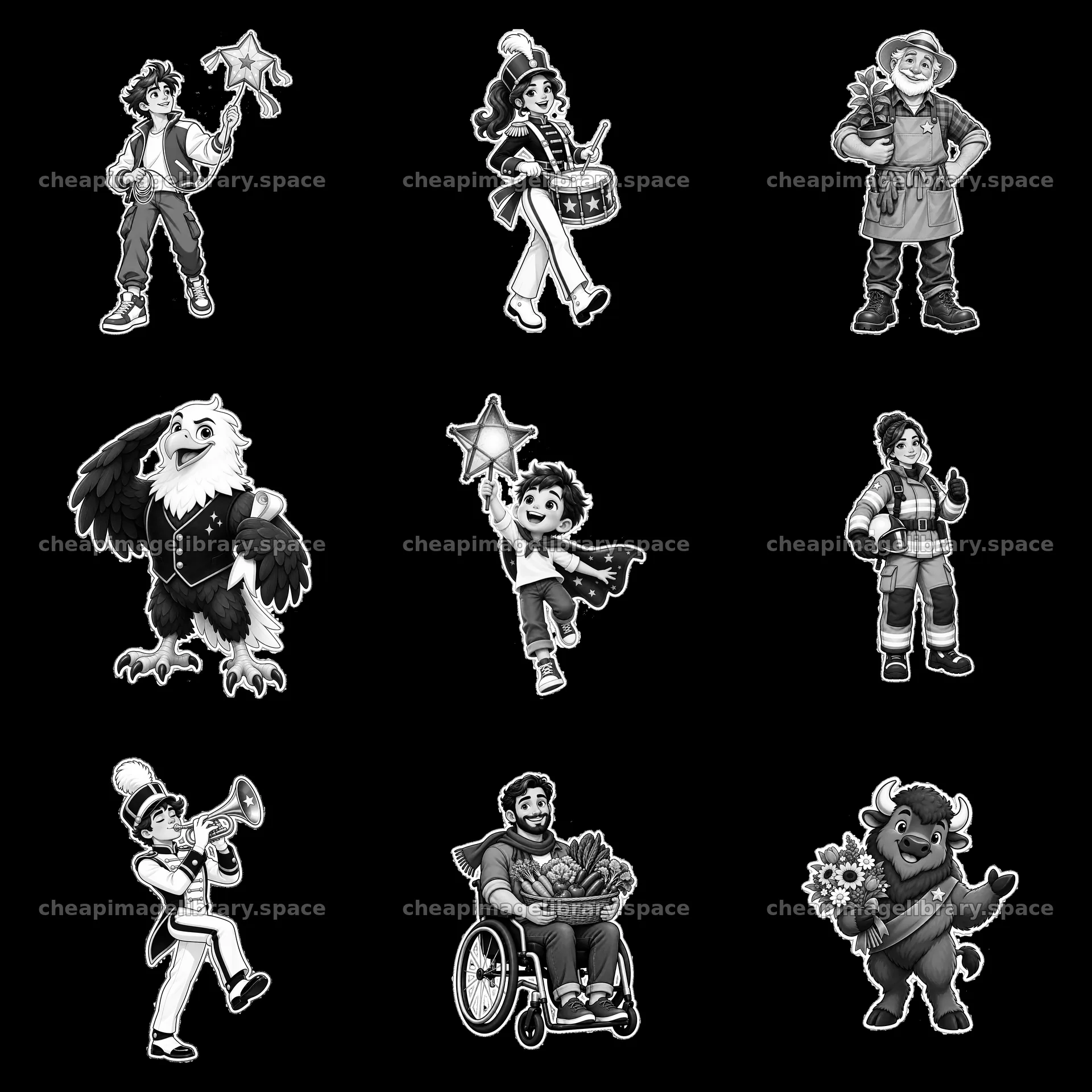 Patriotic characters in diverse poses with distinct accessories – image library 7746x7746