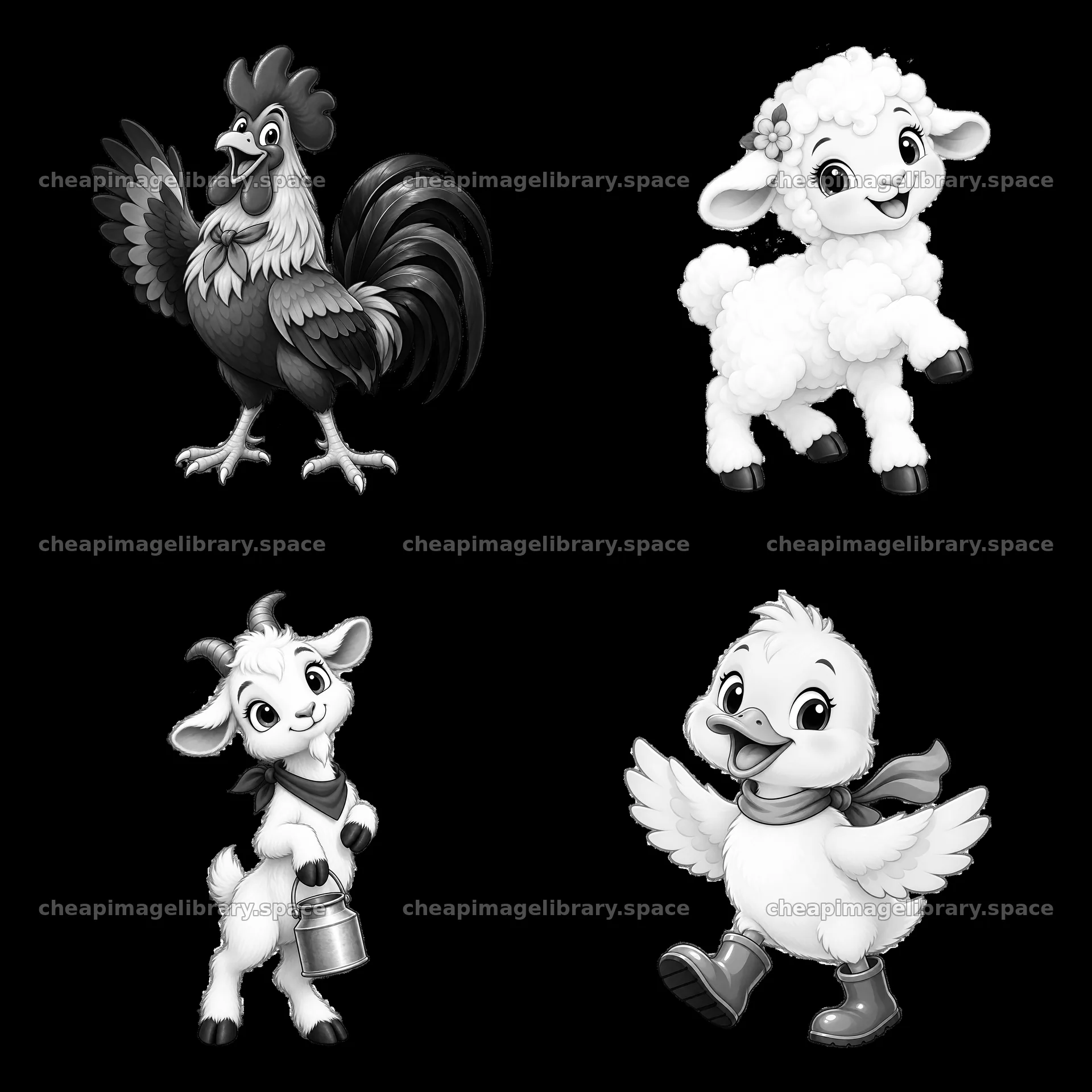 Farm animals cartoon stickers with rooster, sheep, goat, and duck – image library 7746x7746