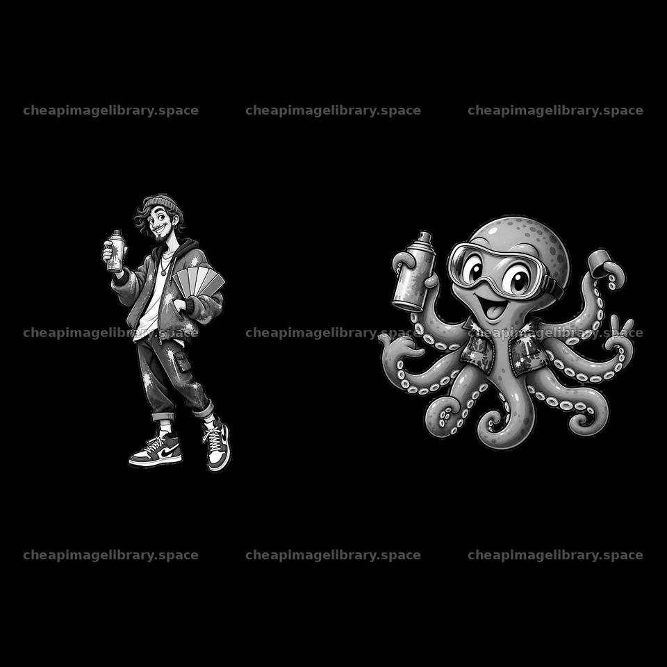 Graffiti sprayer and octopus character with spray cans – image library 7746x7746