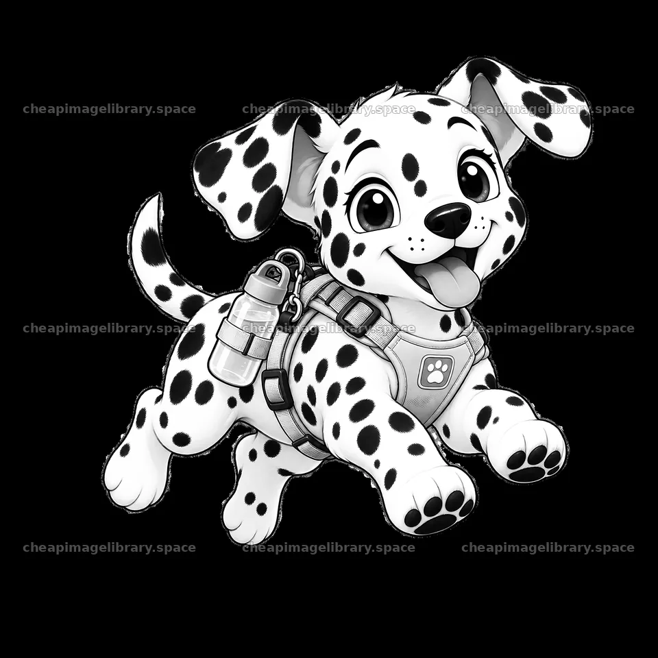 Cute Dalmatian puppy running with a harness and water bottle – image library 7746x7746