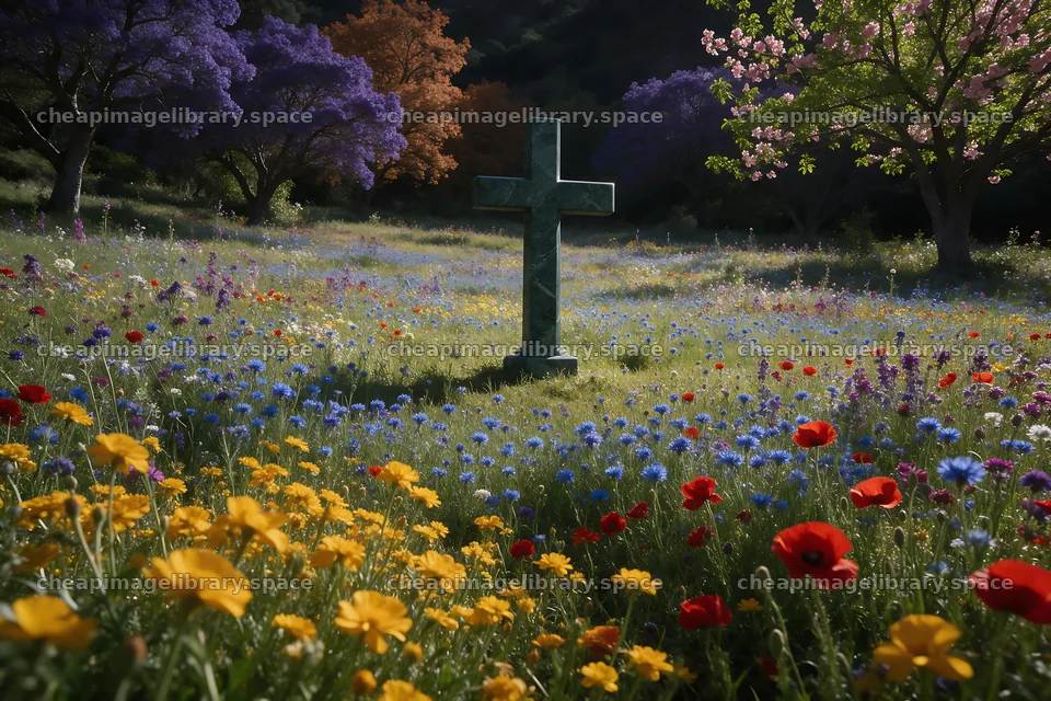 Marble Christian cross in a meadow surrounded by flowers – image library 9722x6480