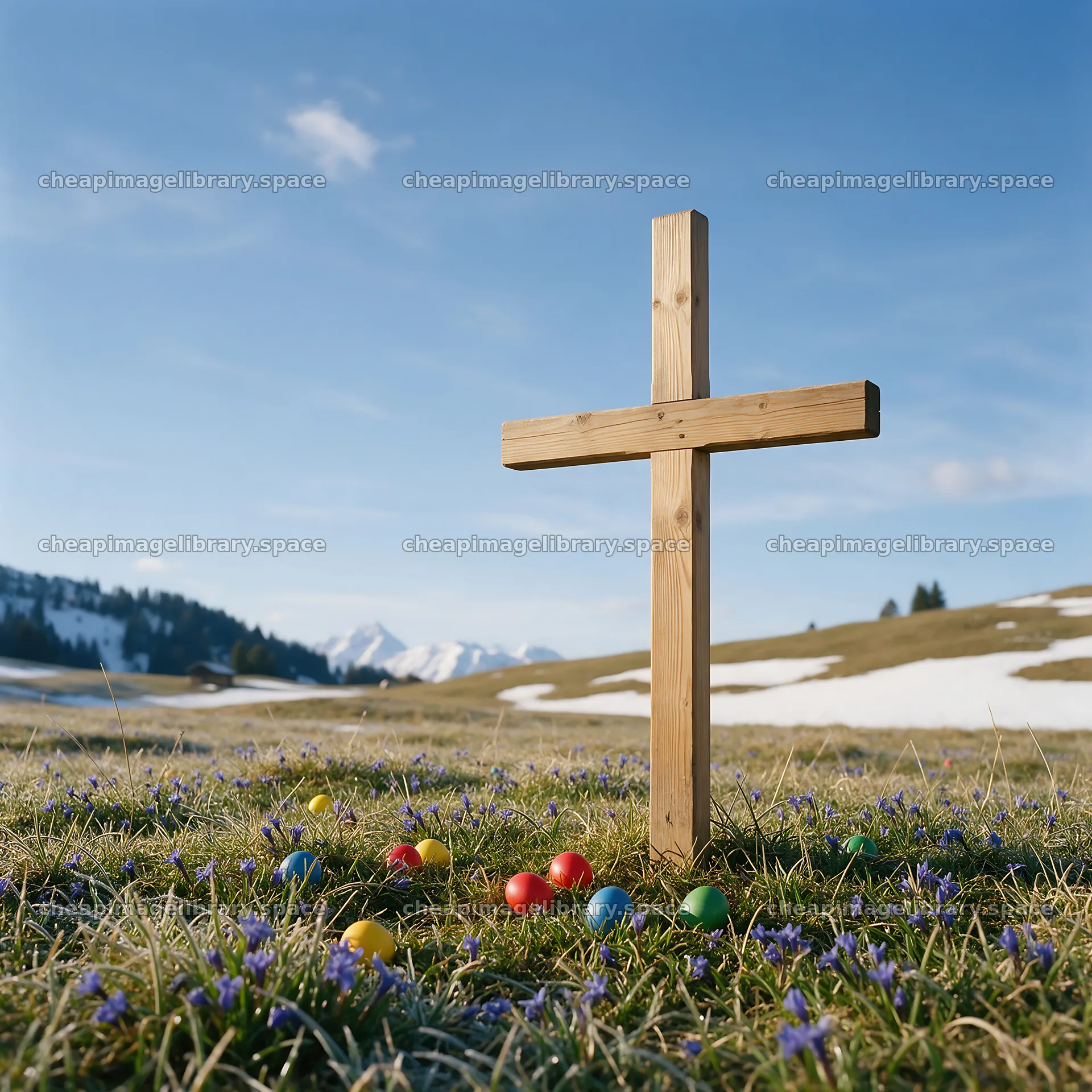 Christian cross in mountain meadow with colorful eggs – image library 7938x7938