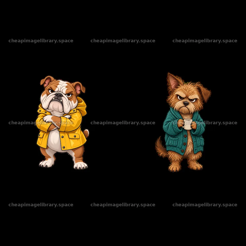Grumpy dog duo wearing colorful jackets in cartoon style – image library 7746x7746