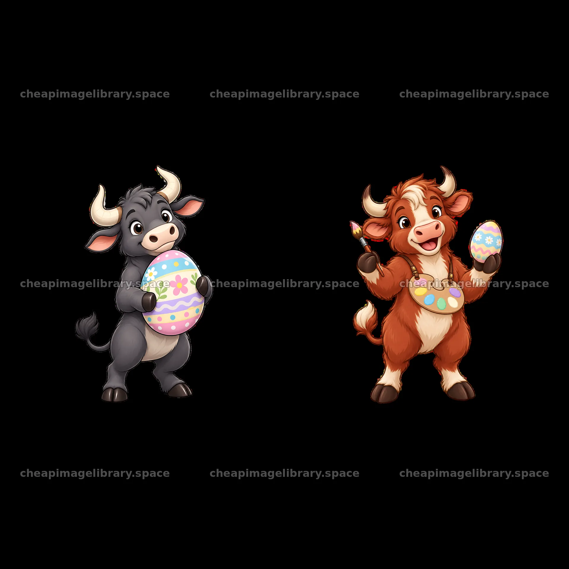 Easter ox characters holding colorful painted eggs – image library 7746x7746