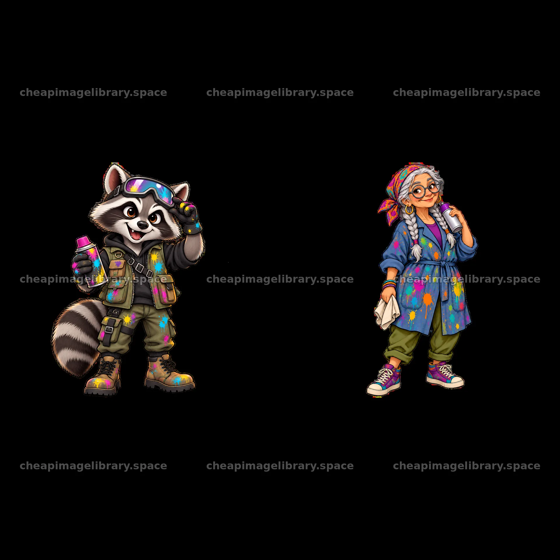 Graffiti sprayer raccoon and artist woman with spray paint – image library 7746x7746