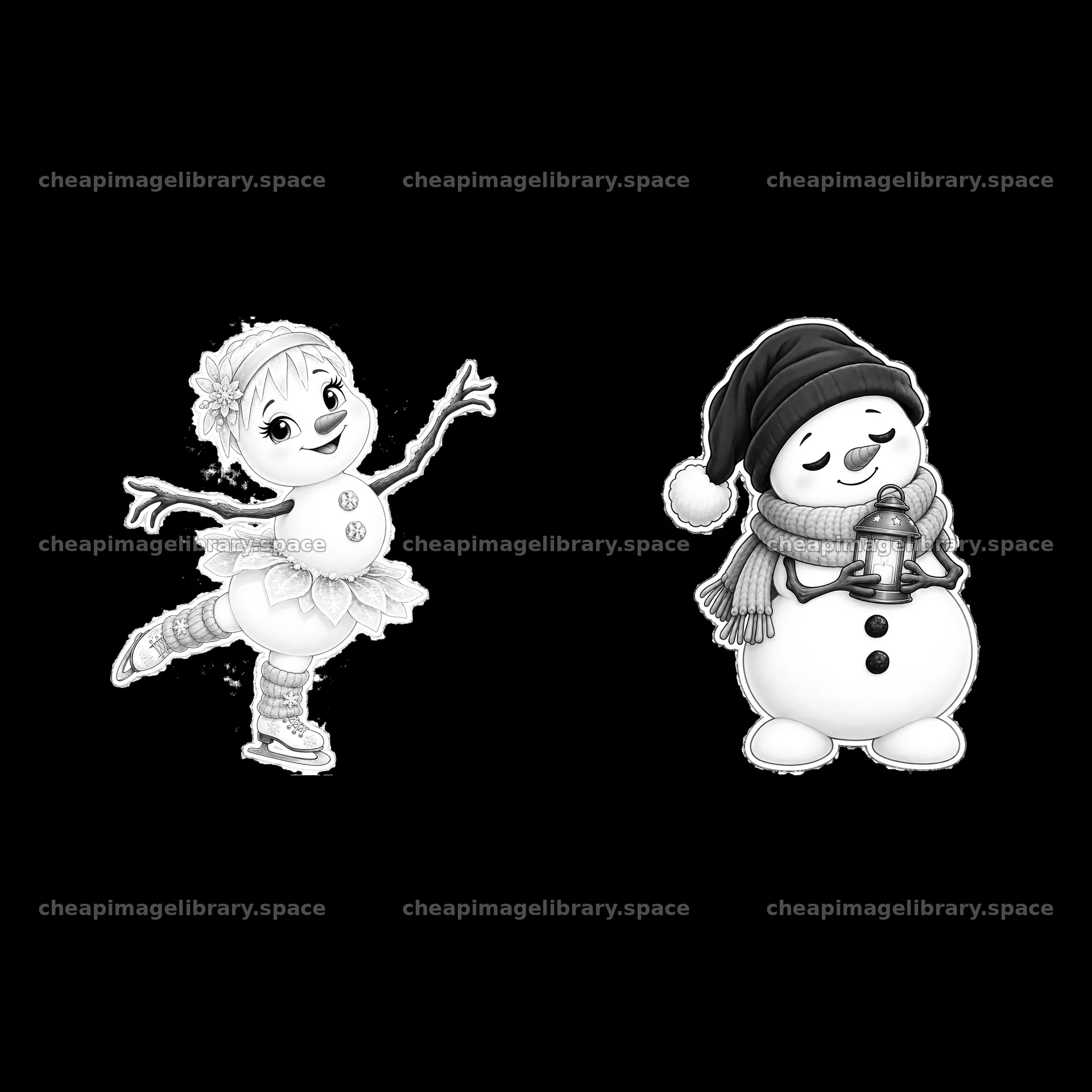 Snowman holding a lantern with a skating snowgirl – image library 7746x7746
