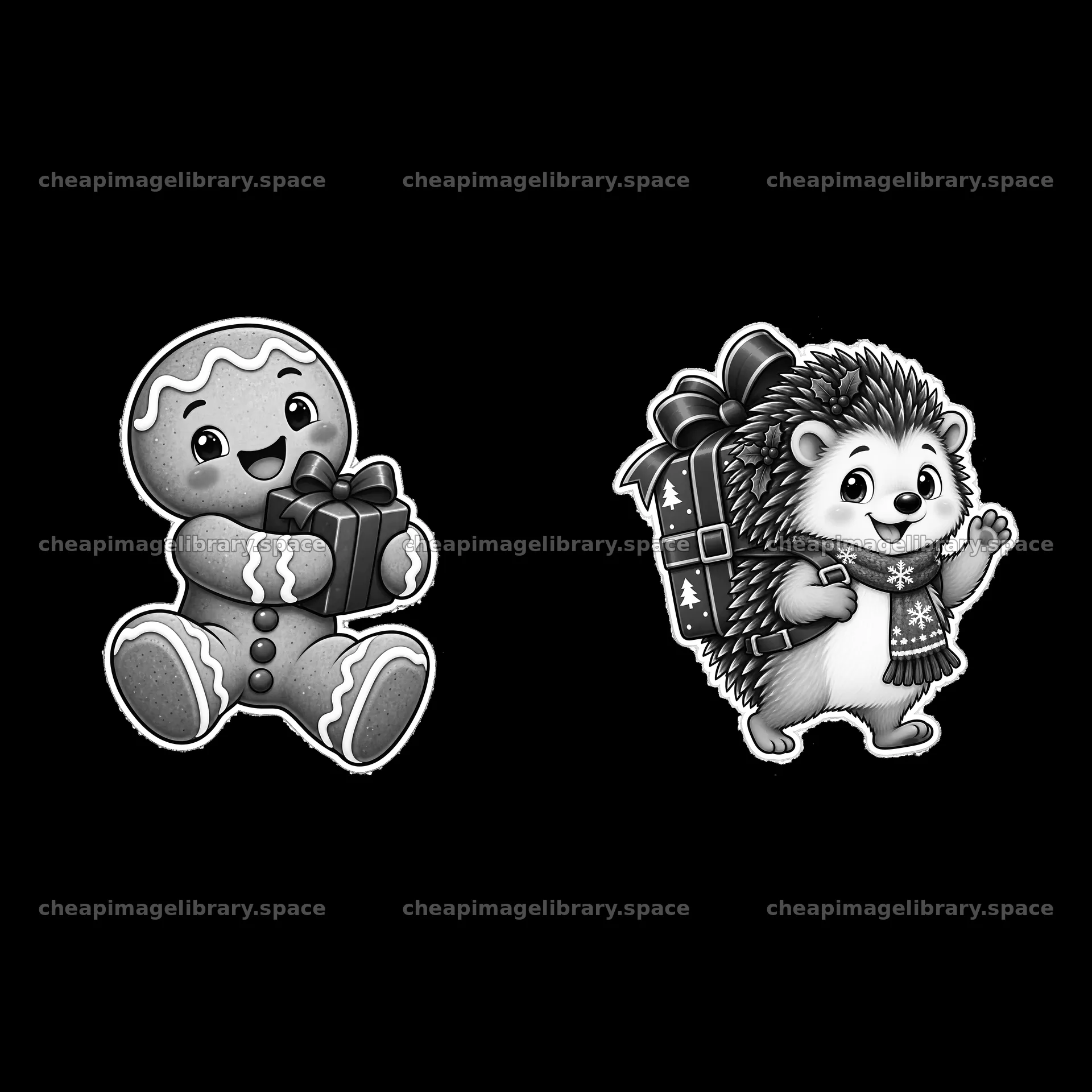Gingerbread man and hedgehog carrying Christmas presents – image library 7746x7746