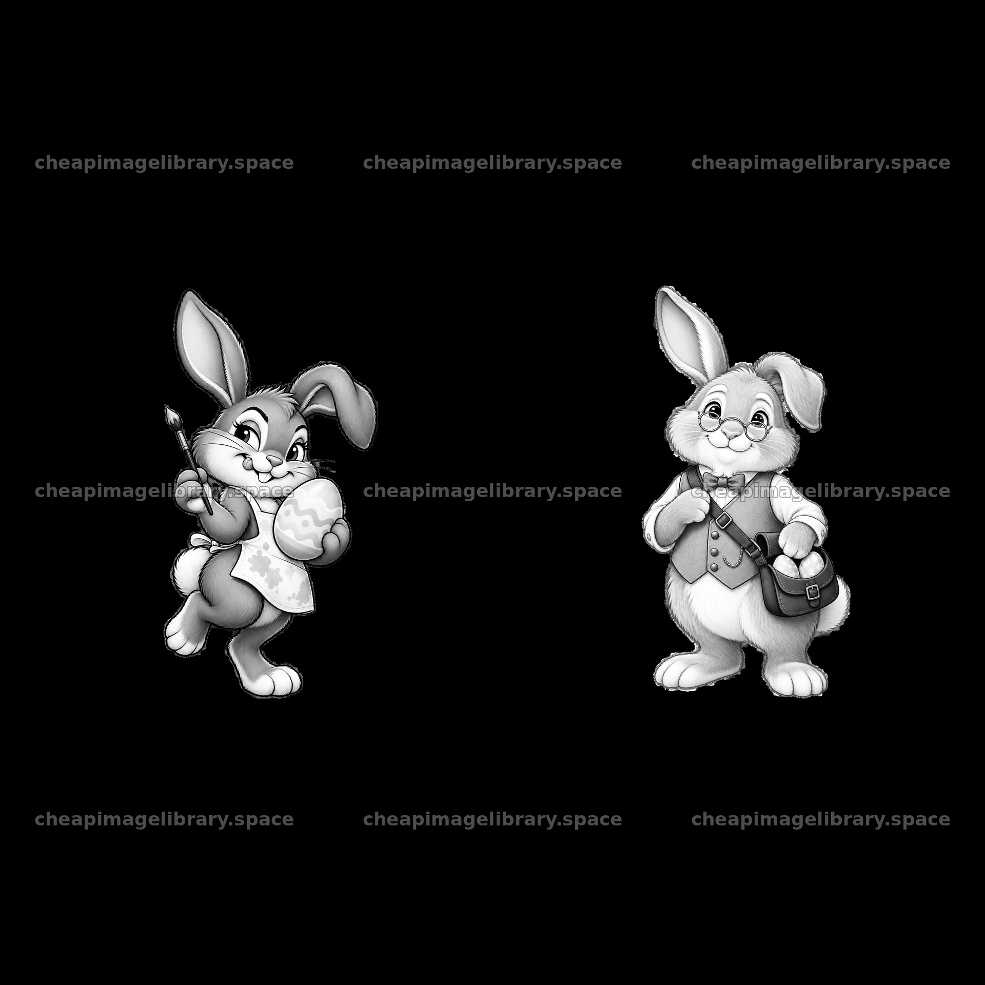 Two cartoon bunnies holding Easter eggs and a bag – image library 7746x7746