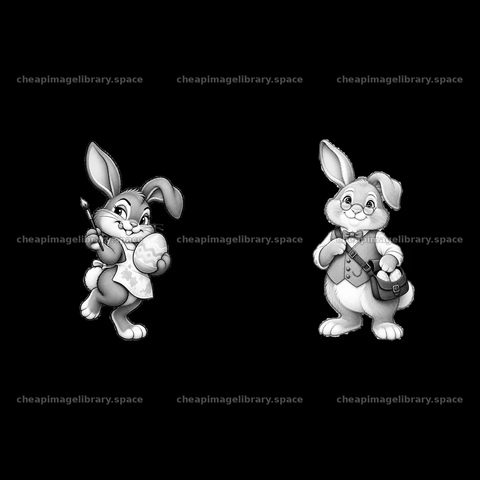 Two cartoon bunnies holding Easter eggs and a bag – image library 7746x7746