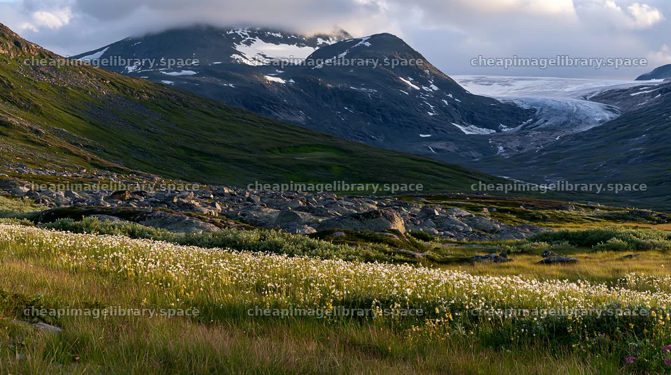 Jotunheimen valley meadow with sunlight and mountains – image library 10608x5938