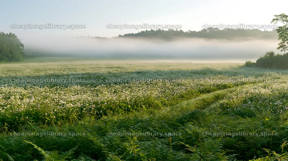 Nara summer meadow with fern foreground during early morning – image library 10608x5938