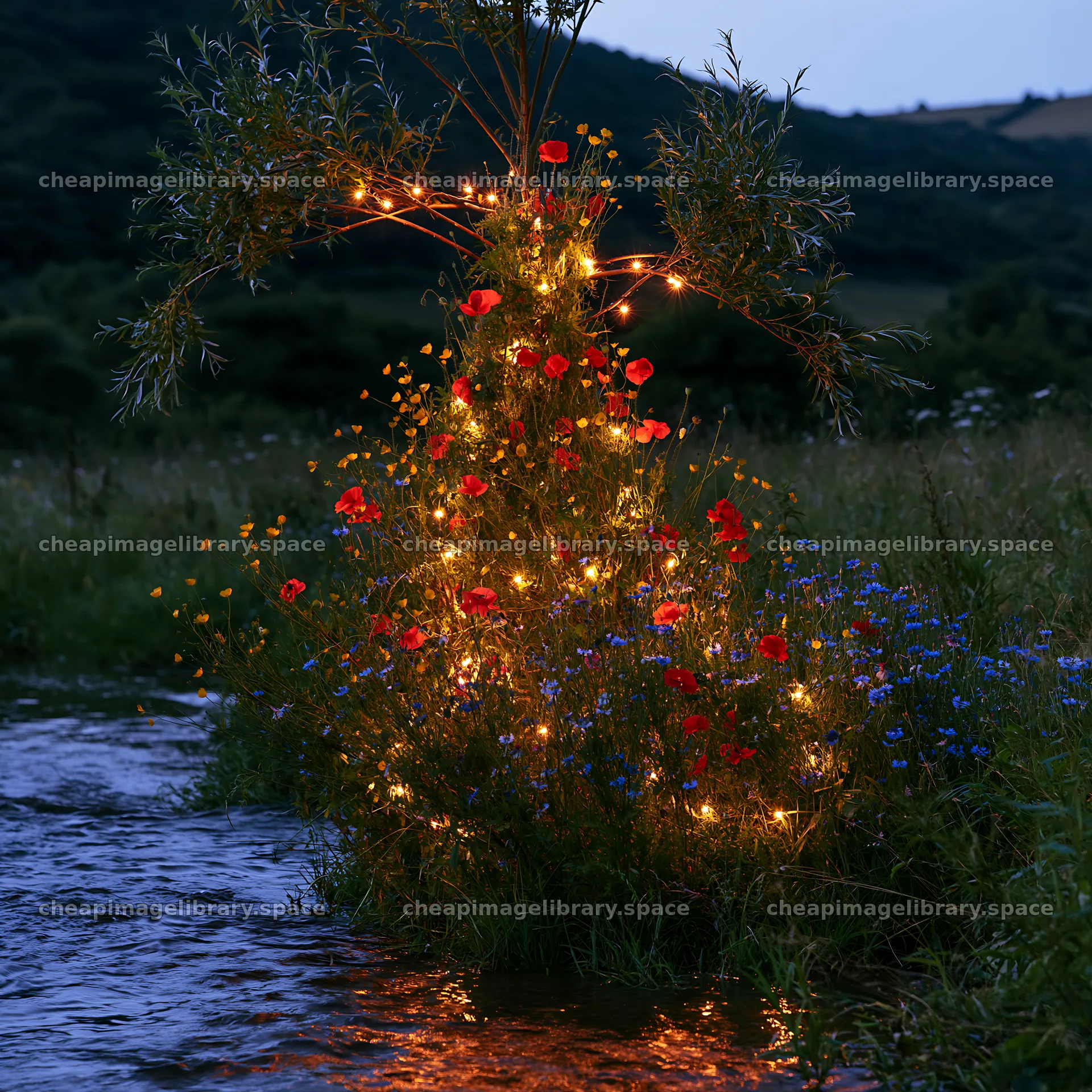 Christmas tree along stream in meadow with flowers – image library 7938x7938