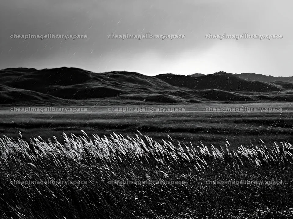 Tottori windy meadow with dune grasses under dark skies – image library 9174x6866