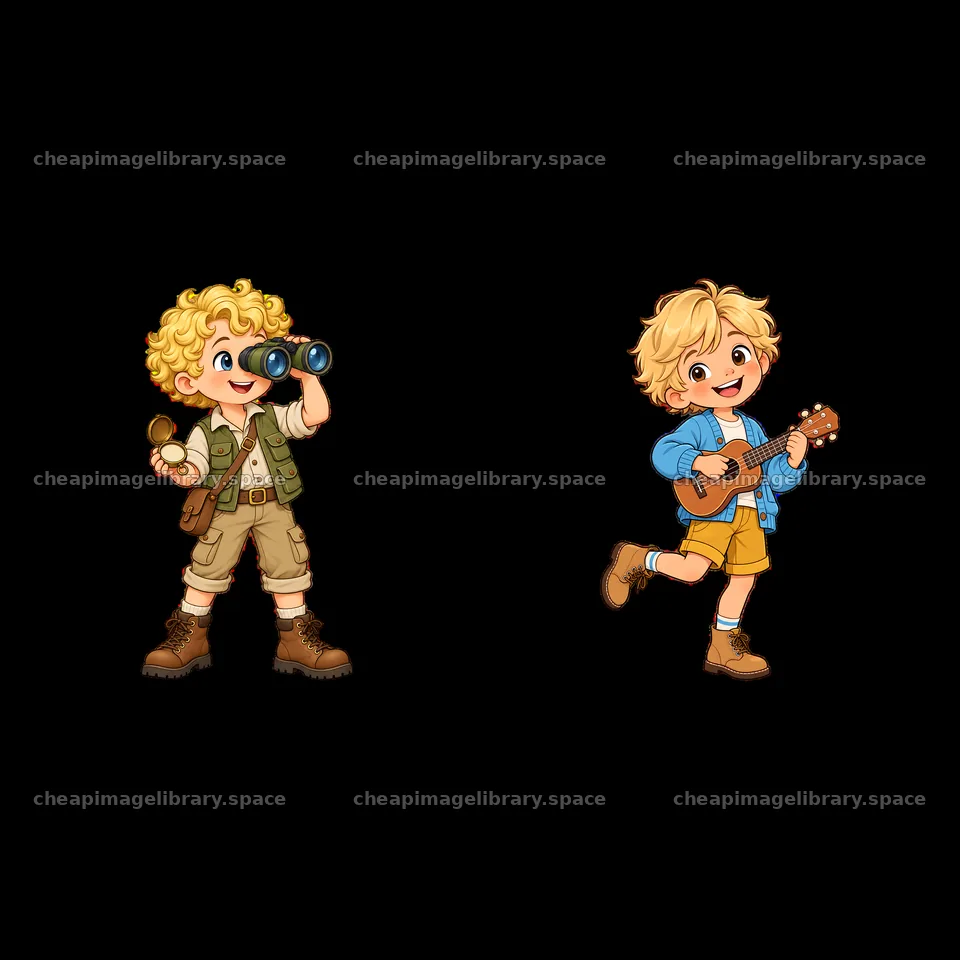 Blond child explorers with binoculars and ukulele in colorful – image library 7746x7746