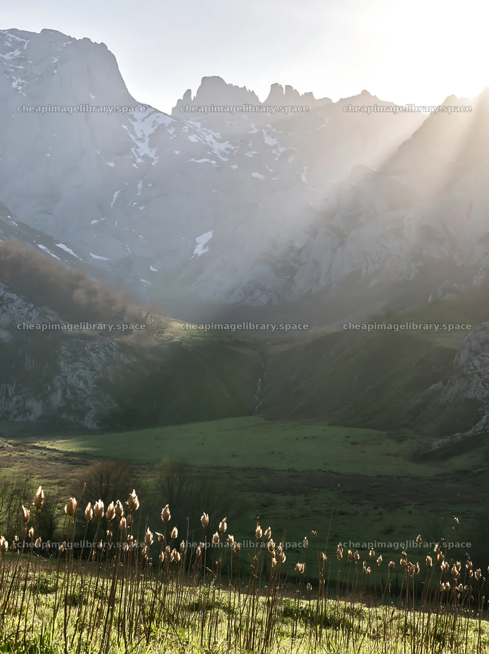 Sunrays illuminating meadow in Picos de Europa – image library 6866x9174