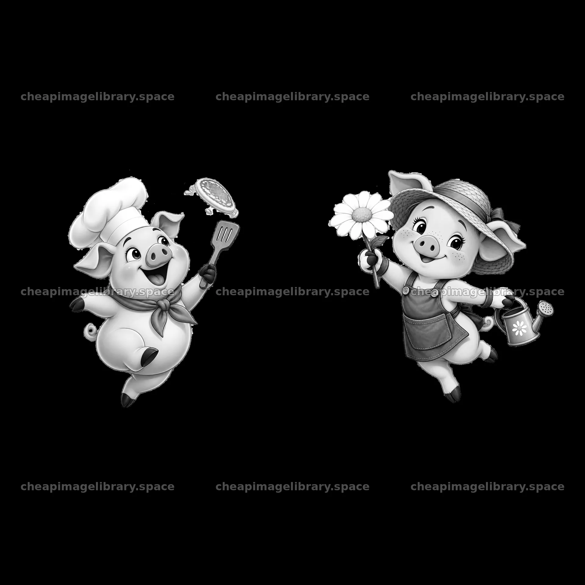 Pig chef flipping a pancake and pig gardener holding a flower – image library 7746x7746